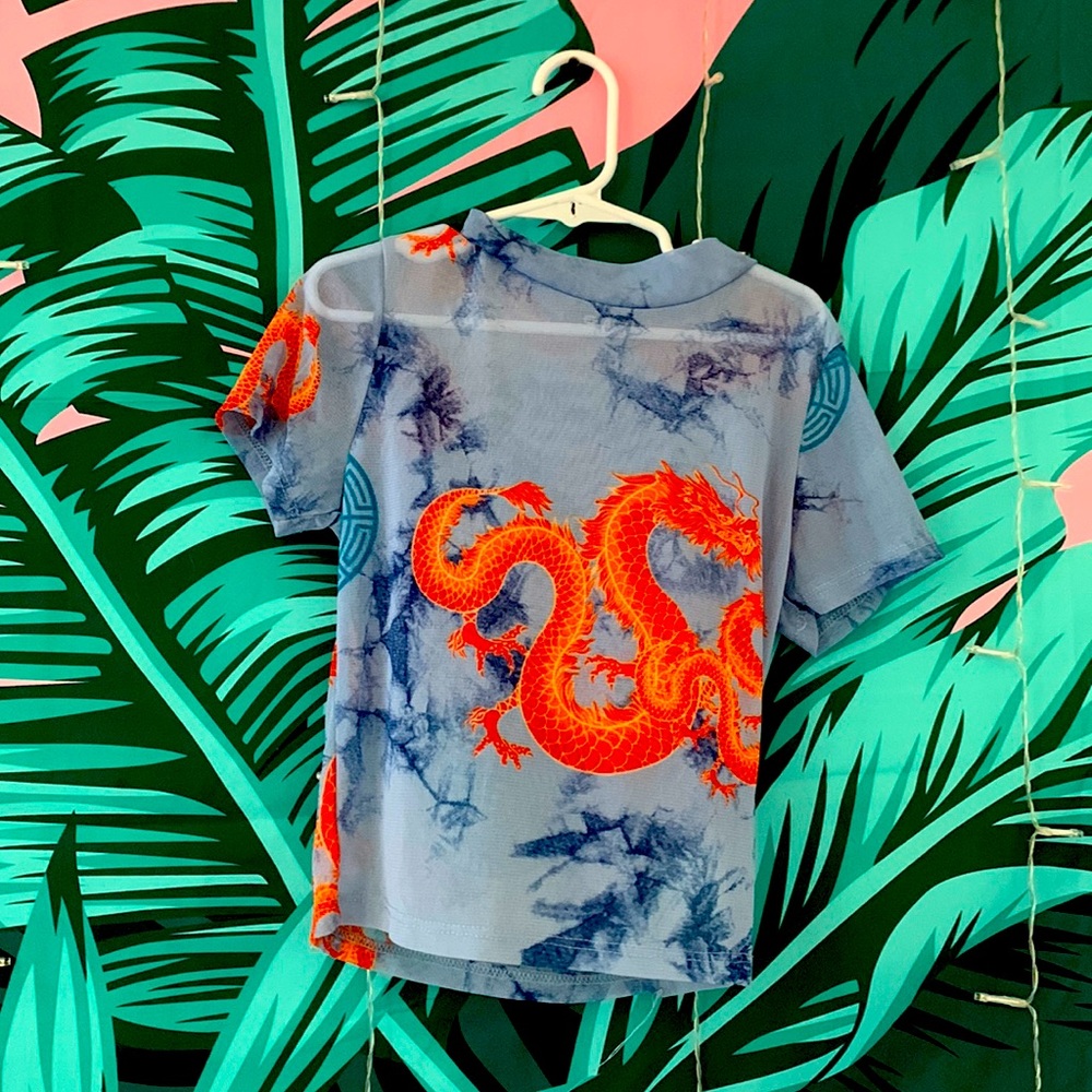 See through blue dragon shirt.
